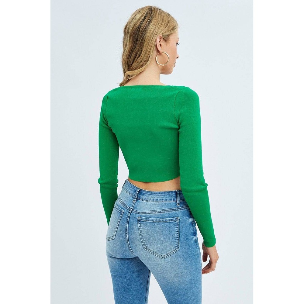 Choice Green Ribbed Knit Long Sleeve Crop Top Crew Neck Seamless Stretch (113)